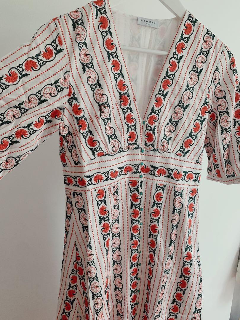 SANDRO Embroidered satin-jacquard midi dress, 女裝, 連身裙& 套裝