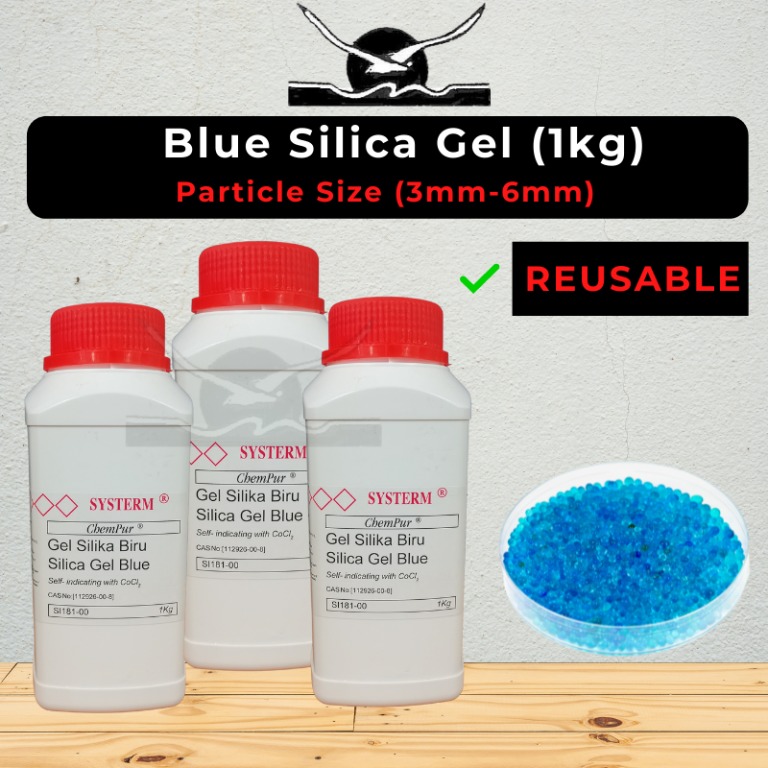 Systerm REUSABLE Blue 3-6mm Silica Gel (1kg/btl), Health & Nutrition,  Medical Supplies & Tools on Carousell