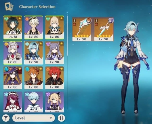 Eula, Xiao, Jean C1, Keqing + Aquila Favonia, Childe + Skyward Harp
