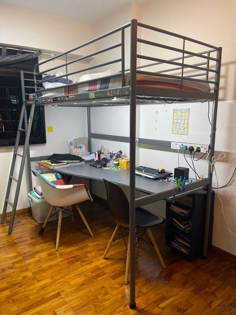 IKEA Metal bed frame onlyBed on top, desk below, Furniture & Home