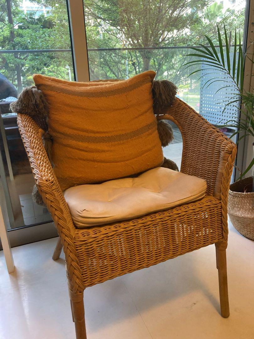 Ikea rattan chair with seat cushion and back pillow, Furniture & Home