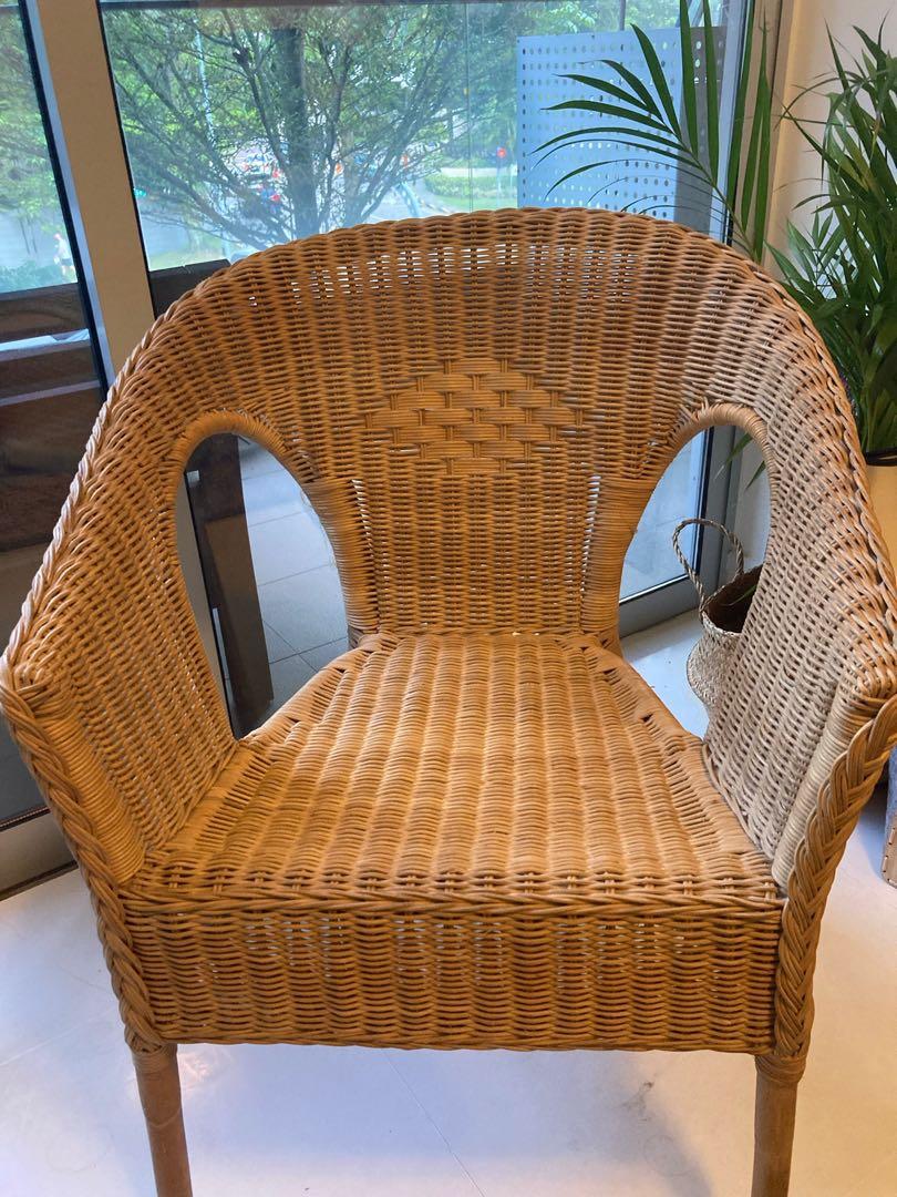 Ikea rattan chair with seat cushion and back pillow, Furniture & Home