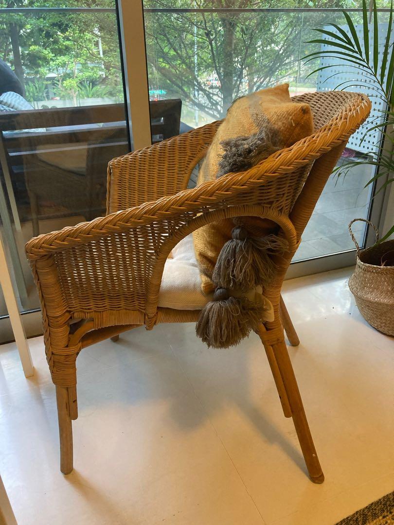 Ikea rattan chair with seat cushion and back pillow, Furniture & Home