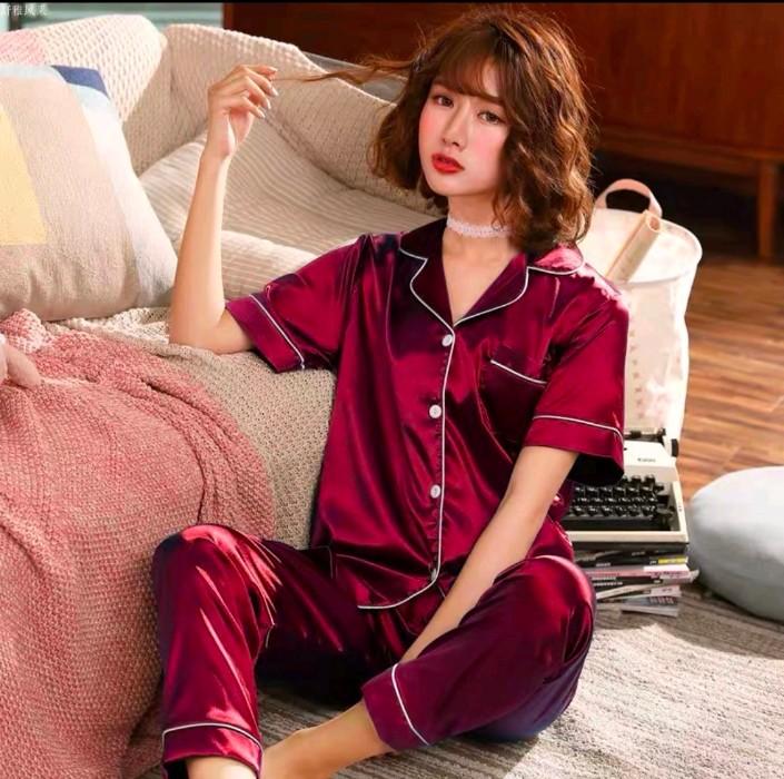 Silk Pajama Long Pants Terno Sleepwear Set Korean Home Wear