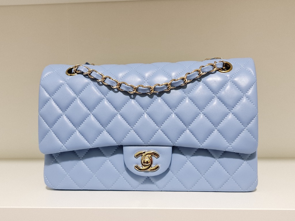 CHANEL SkyBlue medium classic flap champagne gold hardware 25.5cm