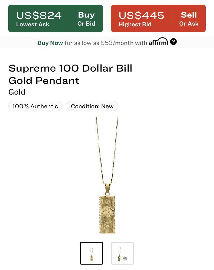 Supreme 17aw 100Dollar Bill Gold Pendant - アクセサリー