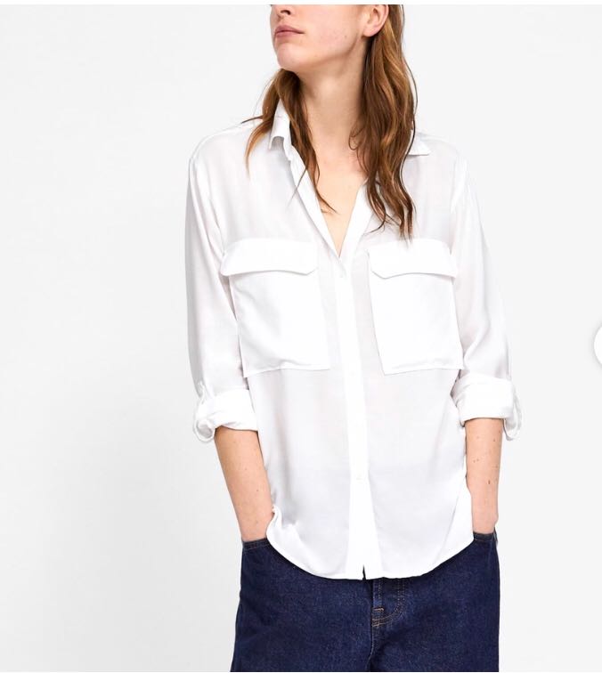Zara White Blouse with pocket, Fesyen 