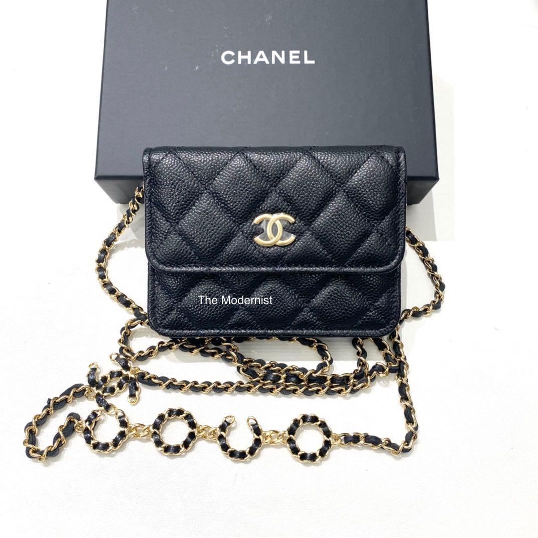 Authentic Chanel Black Caviar Clutch with Chain Belt Bag Coco Logo