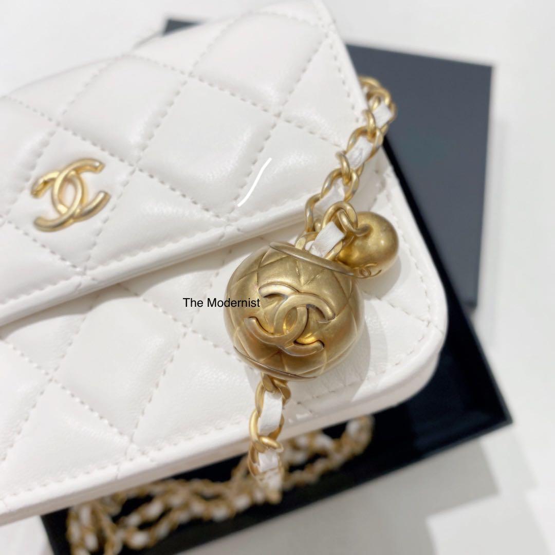Authentic Chanel Gold Pearl Crush White Lambskin Chain Belt Bag