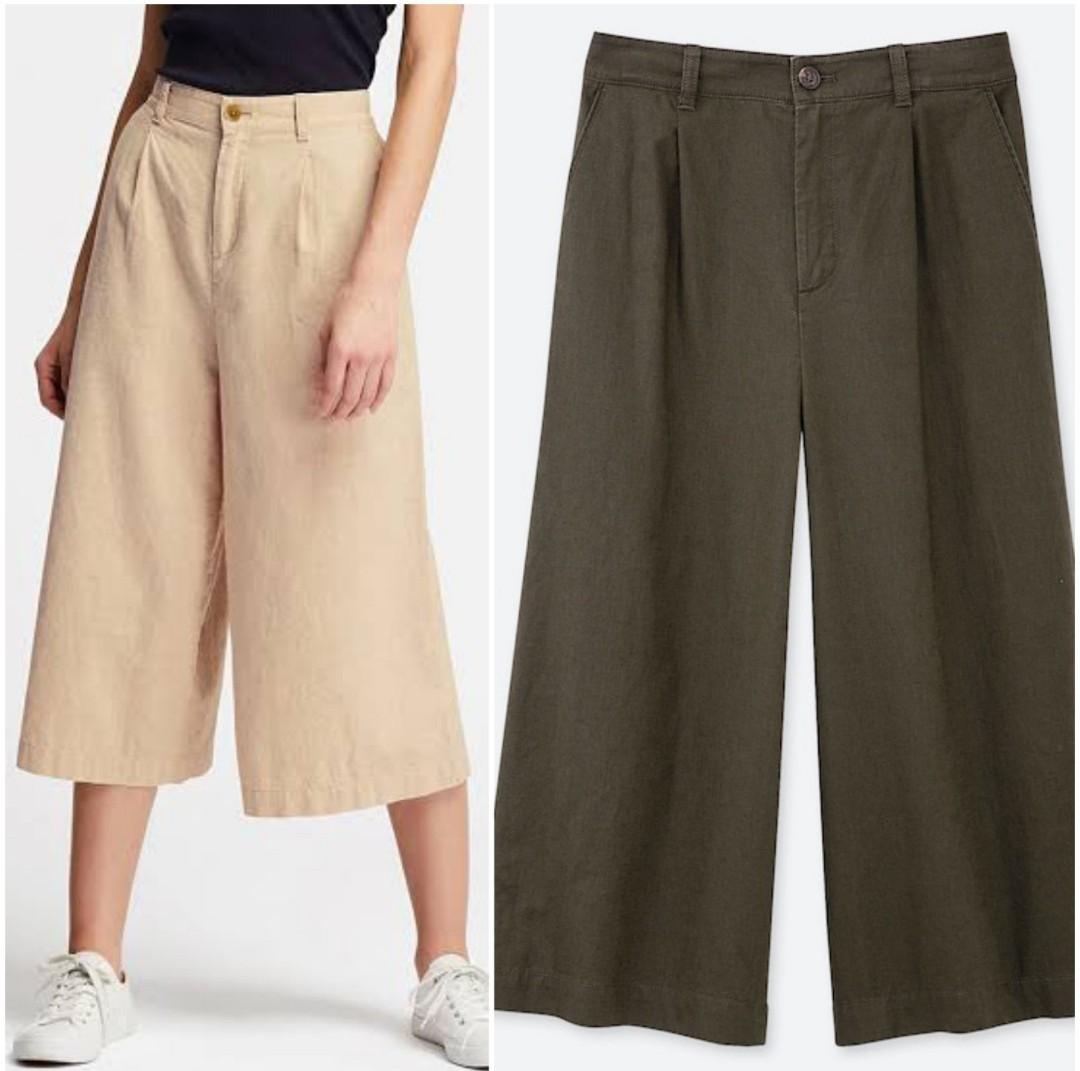 Authentic Uniqlo linen cotton cropped wide pants in army green