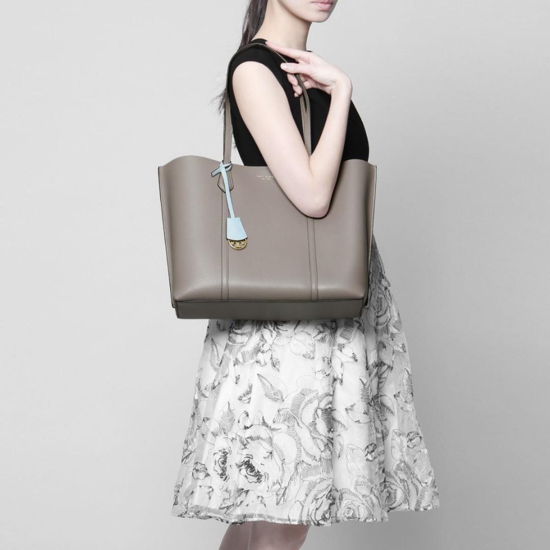 Tory Burch Perry Triple Compartment Tote Bag in Gray Heron color with baby blue leather pendant Carousell