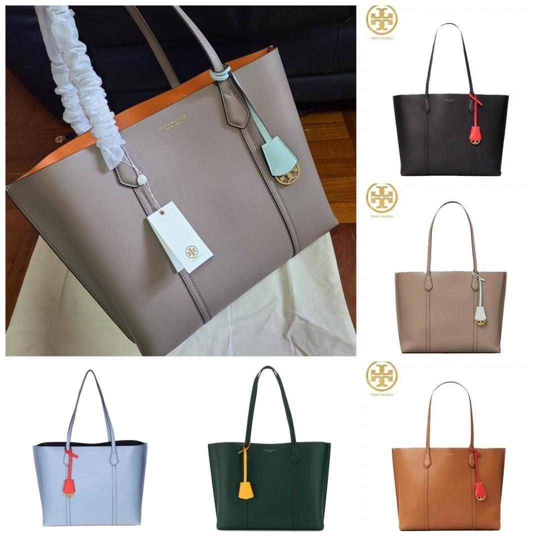 Tory Burch Perry Triple Compartment Tote Bag in Gray Heron color with baby  blue leather pendant 真皮手袋購物袋托特包131021, 名牌, 手袋及銀包- Carousell