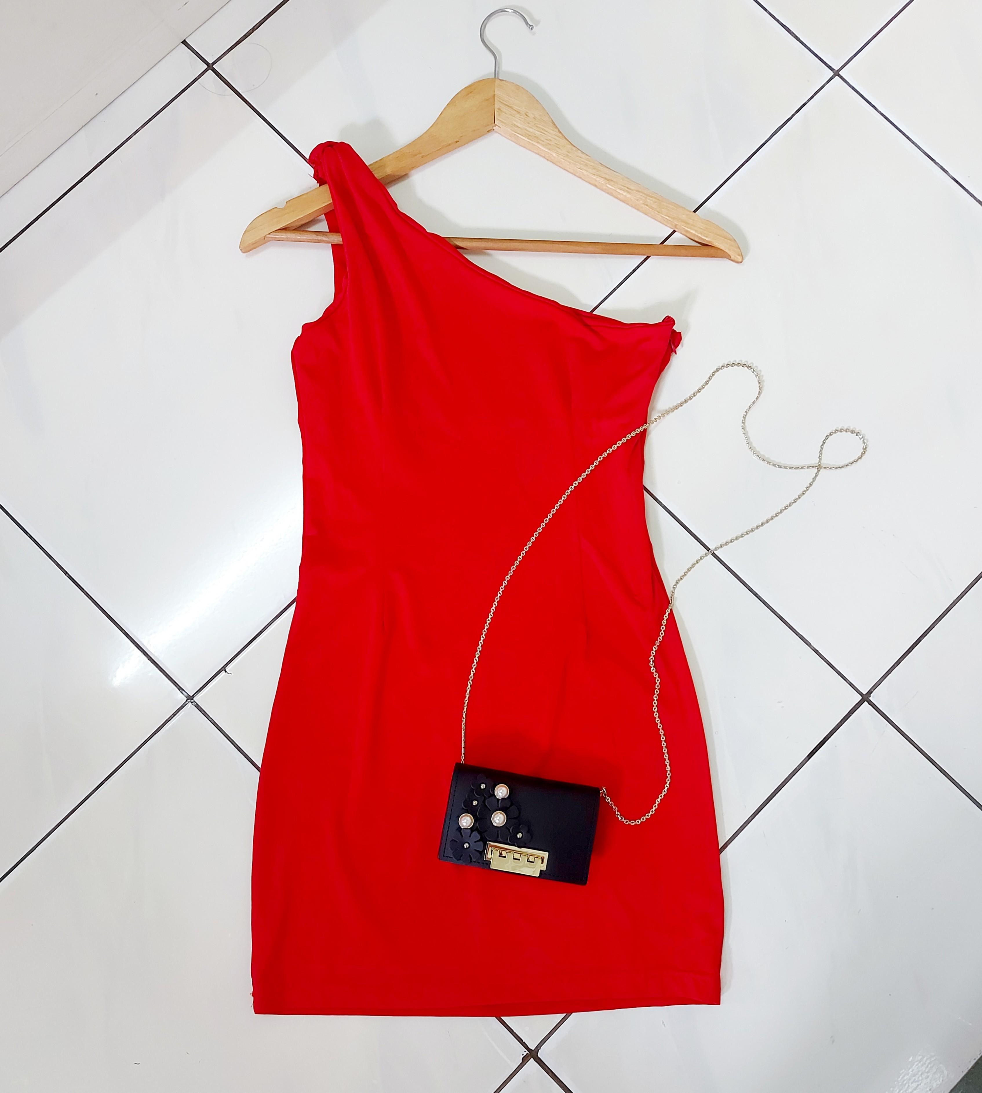 DRESS MERAH MINI ONE SHOULDER RED DRESS 