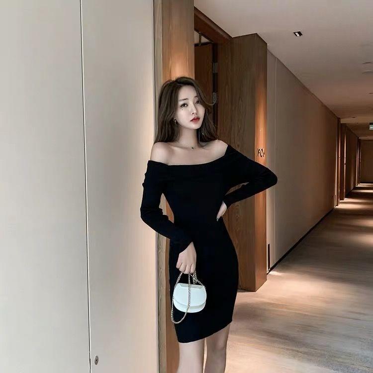 off shoulder korean dress Off Shoulder Korean Dress Black Korean Style Off Shoulder Dress For Women Ruffled Bell Sleeve