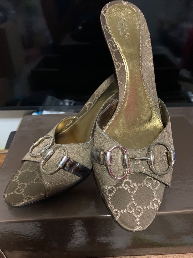GUCCI Logo Heels Sand Tess Curio Gold- Size US 7.5 (3.5 inch heels ...