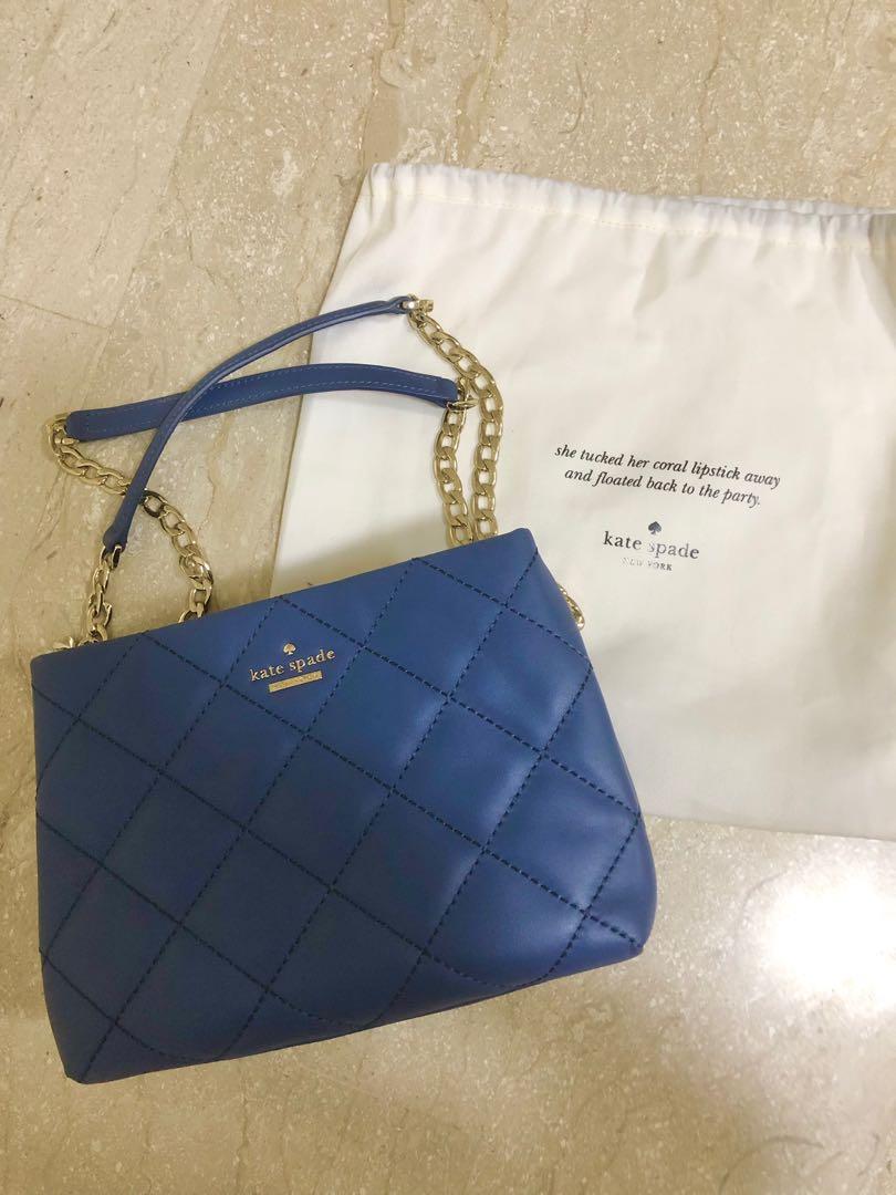 Kate Spade New York blue quilted gold chain 2 way crossbody shoulder sling Bag