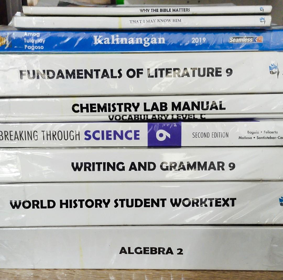 BJU press textbook (Category: Textbooks) located in Quezon City. Submitted by bamberry (Listing ID 1104148788, Image 1). Description: BJU press bundle for grade 9 Algebra 2 Chemistry 9 Science 9 English 9 (Writhing and Grammar) Vocabulary Literature World History Values Ed ( Great Thing/That I May Know Him) w/ Pilipino 9 (Kalinangan) No markings Like New with free QT and Quiz.
