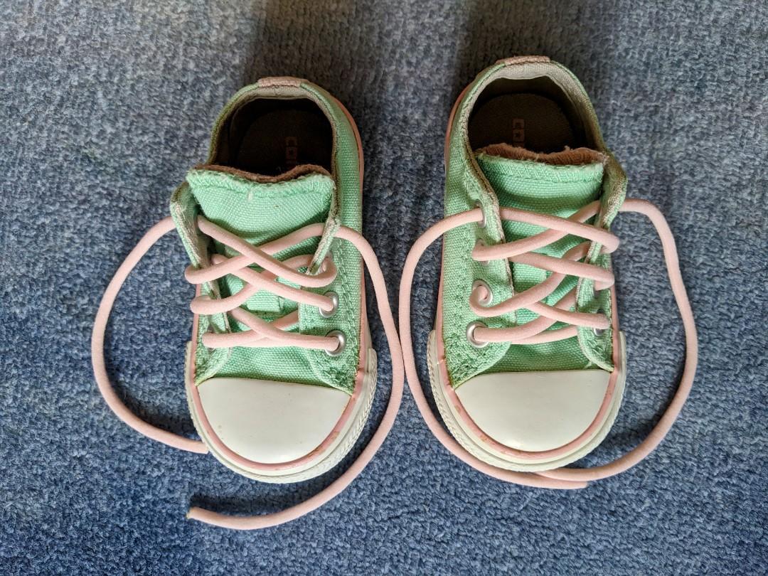 Converse baby shoes pink green size 4 trainers Babies Kids Babies Kids Fashion on Carousell