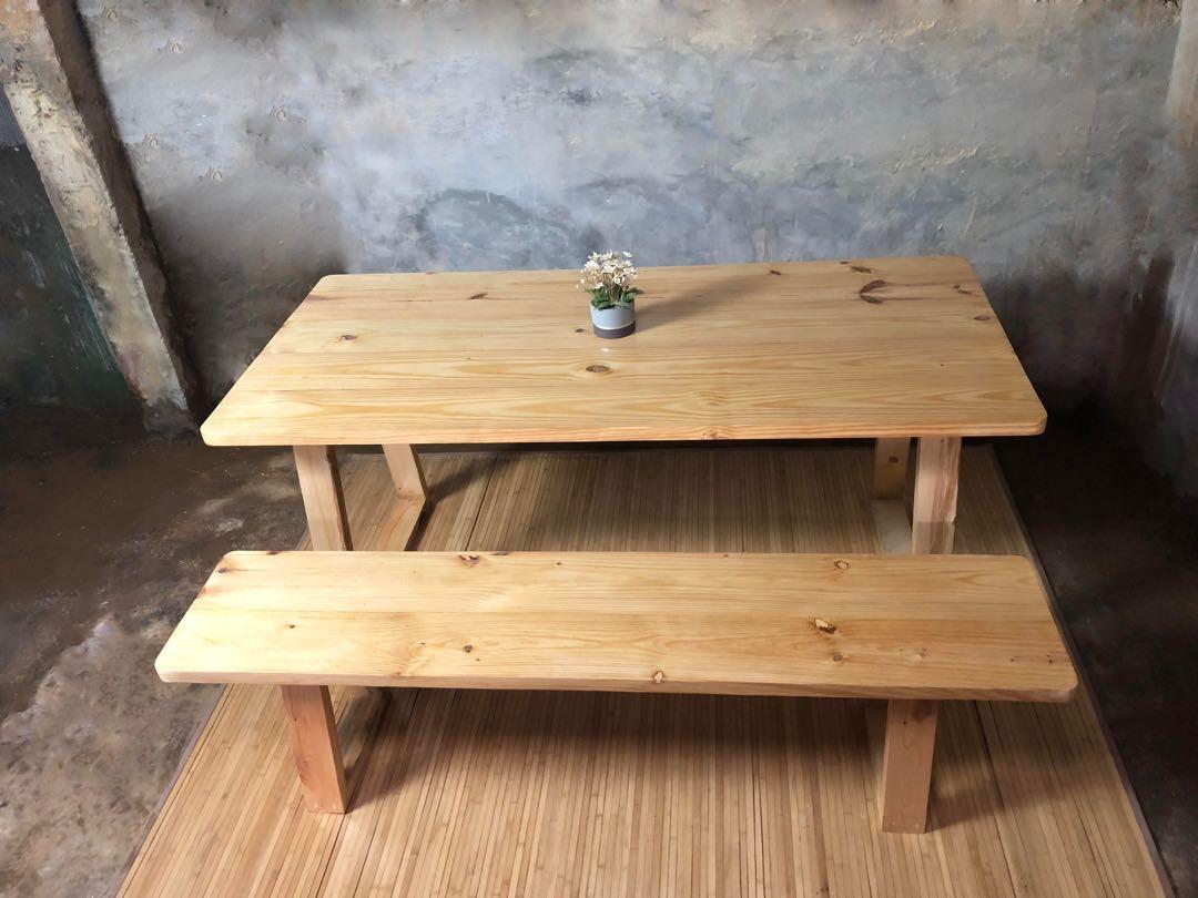 Dining Table & Bench Set (Category: Tables & Sets) located in Pasig City. Submitted by holzph (Listing ID 1104216467, Image 2). Description: Playing around with round edges. This table & bench batch set showcases a smooth corner design finish. Drawing from minimalist carving, this safe edge design is ideal for children family homes. 🏡 Table Measurements: Length: 180cm / 5’11” Width: 84cm / 33” Height: 76cm / 30” Thickness: 3.8cm / 1.5” Bench Mea