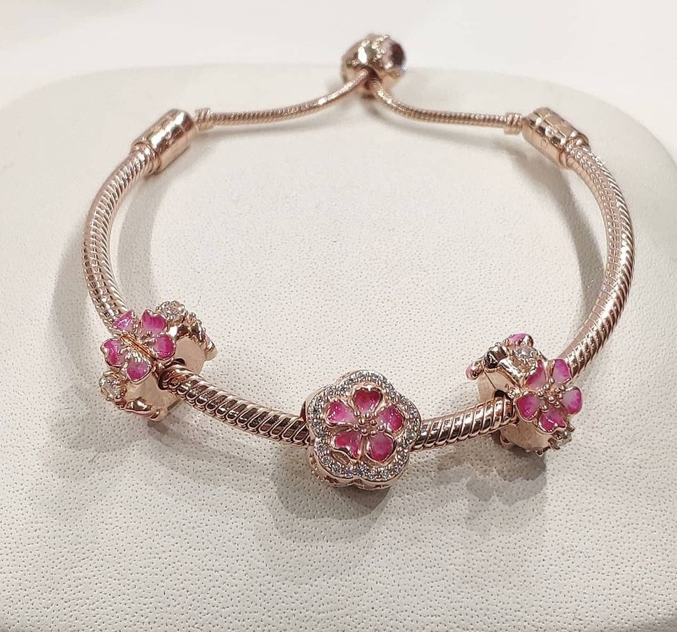 Pandora moments pink peach blossom flower sales snake chain slider bracelet