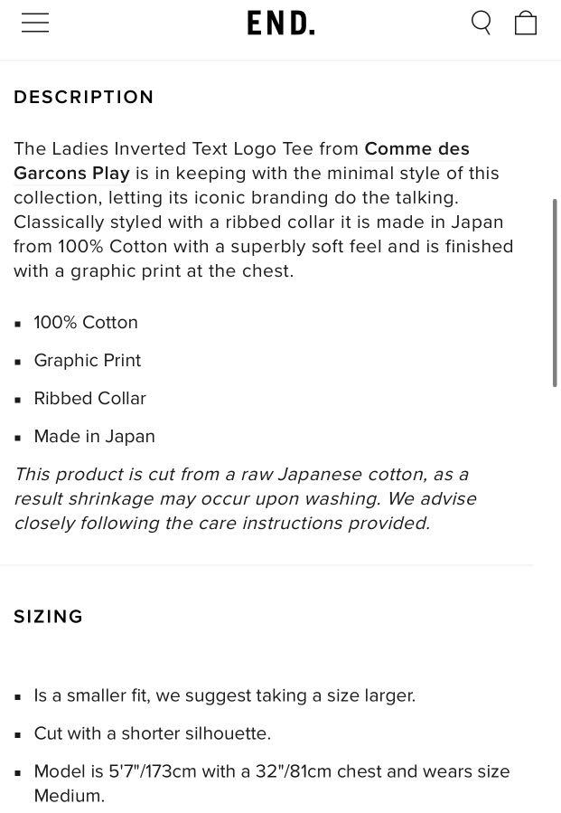 Cdg t hotsell shirt sizing