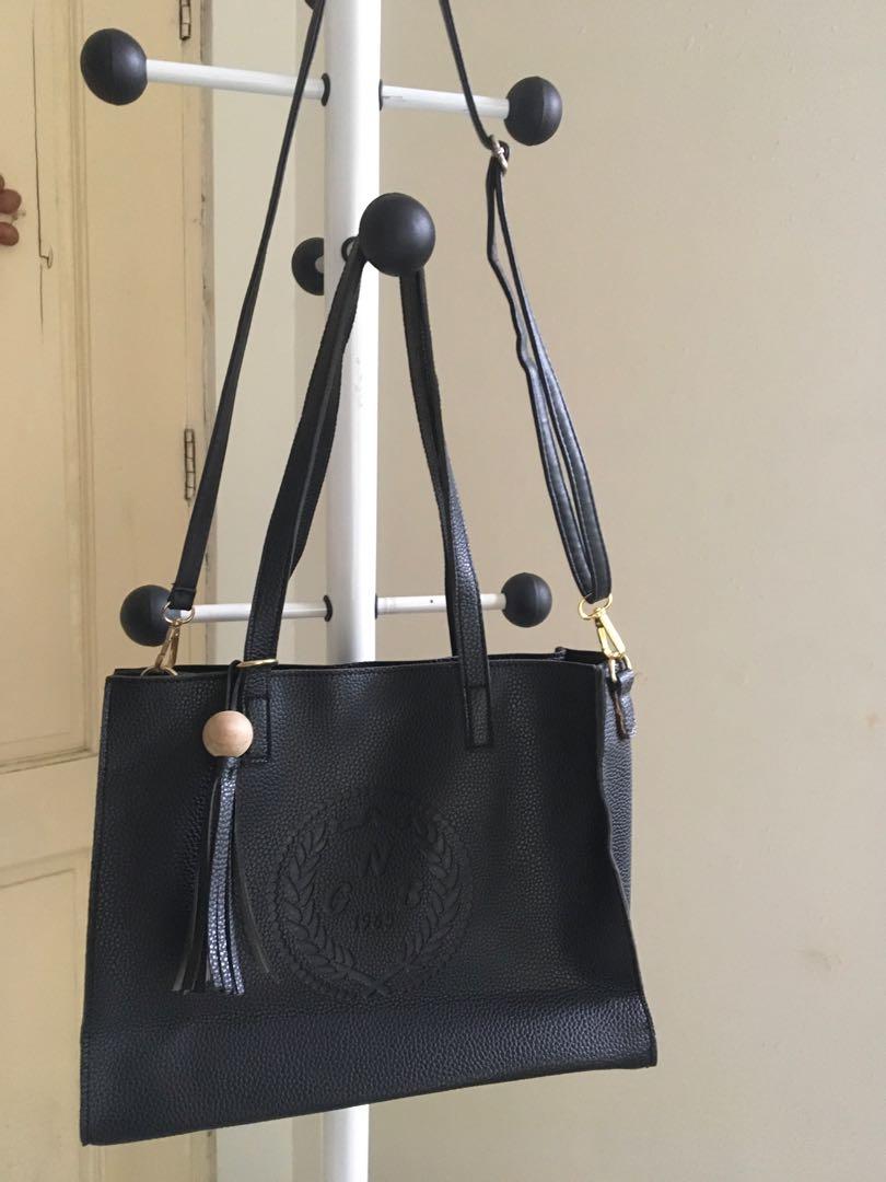 G N B 1965 2way leather black medium bag with etekita, Women's Fashion, Bags & Wallets, Tote