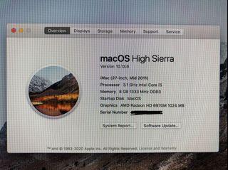 iMac 27” mid 2011, 8GB ram, upgraded with 480GB SSD, 2TB Harddisk