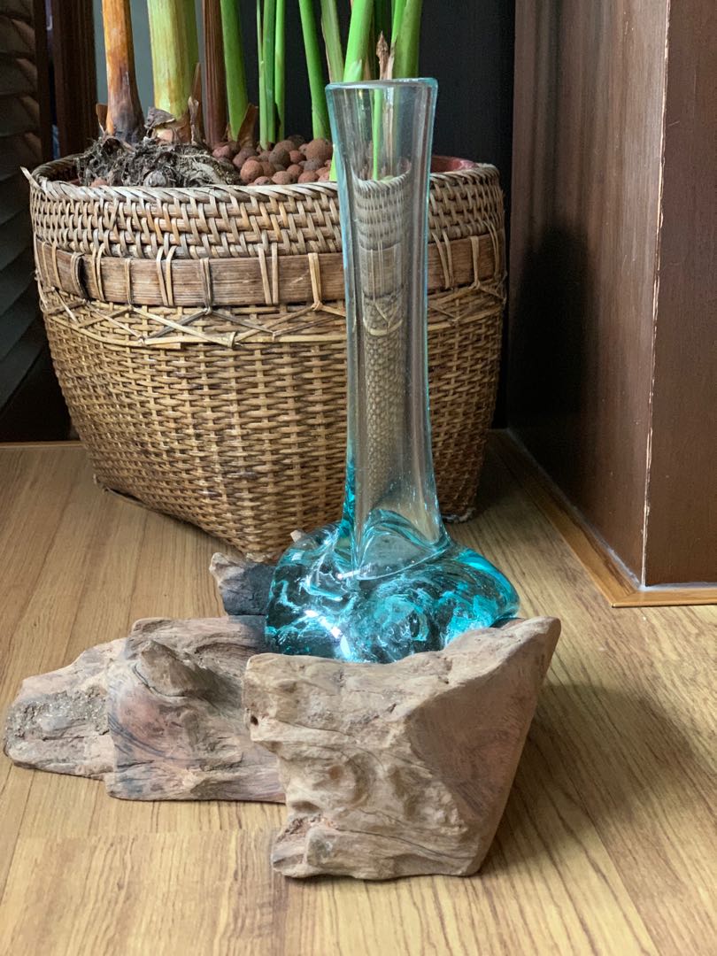 New Molten glass vase on teak wood, Furniture & Home Living, Home Decor