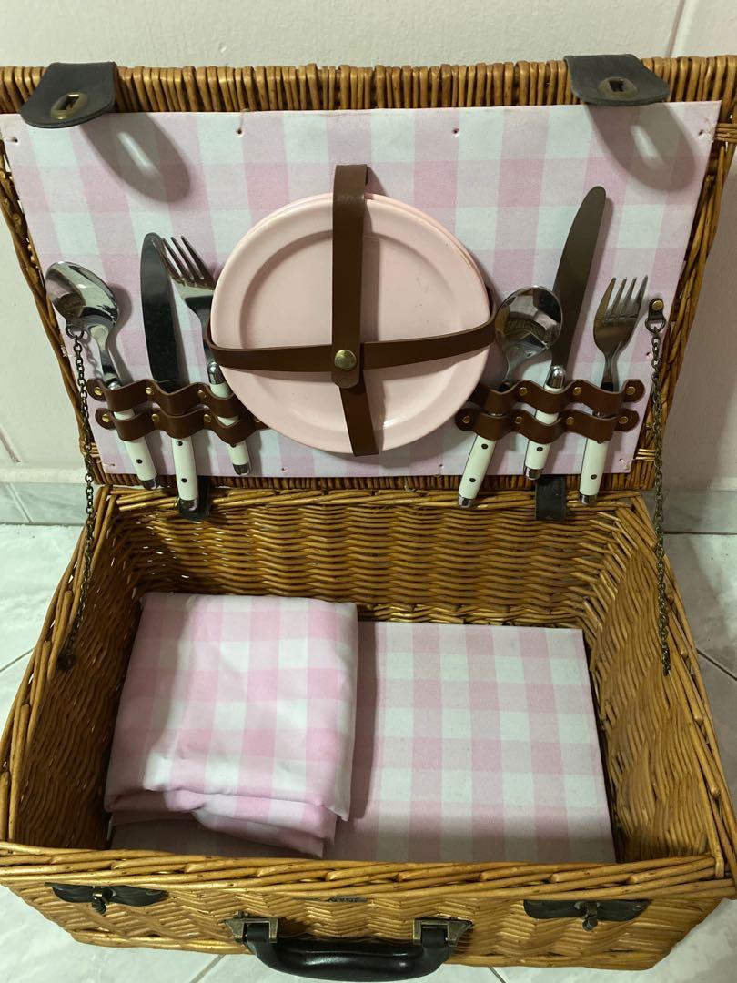 Pink Gingham Checkered Rattan Picnic Basket Set, Furniture & Home
