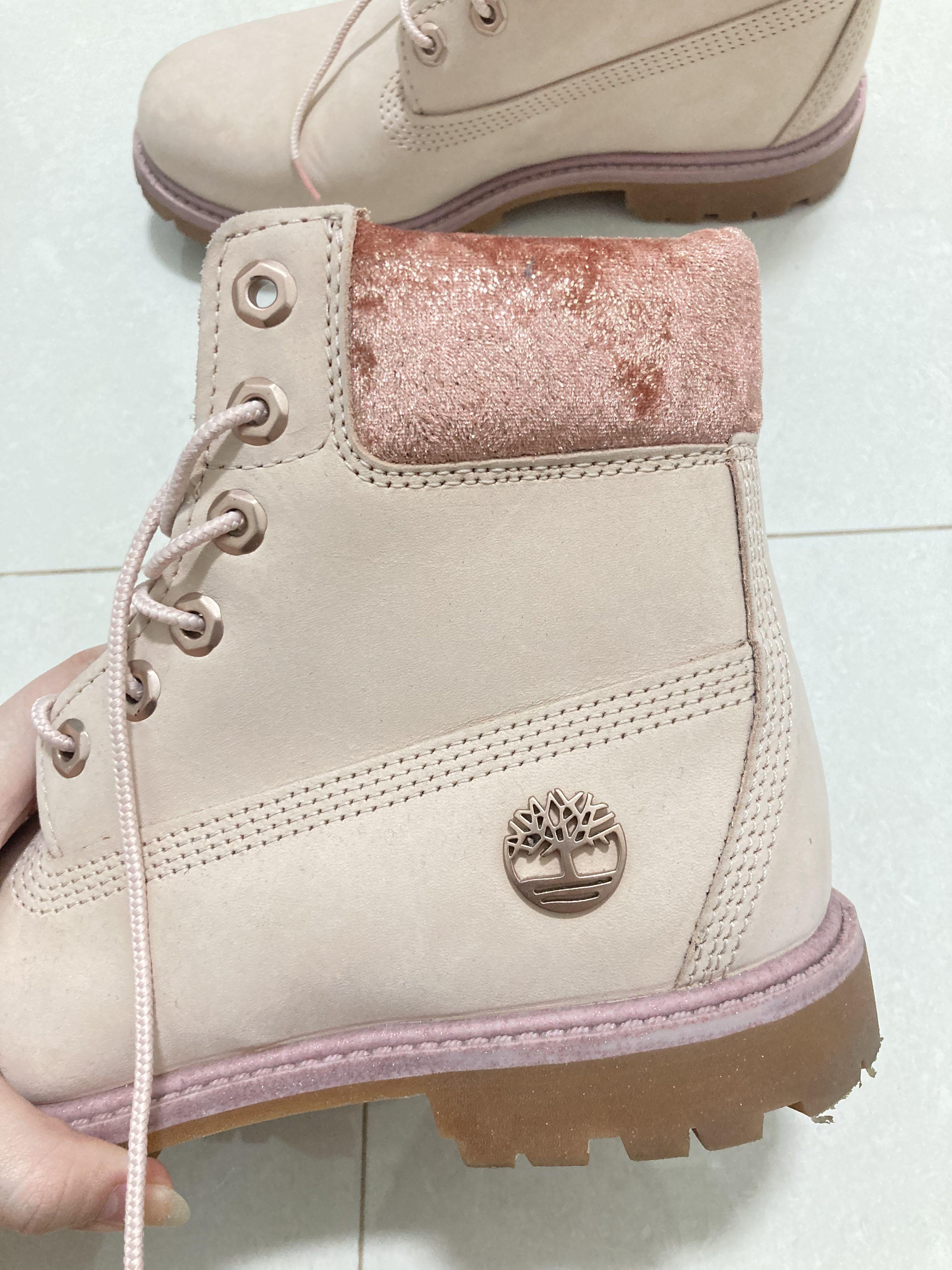 Pink velvet glitter collar Timberland boots authentic fast deal