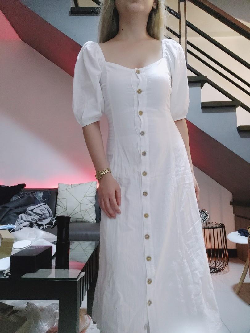 Puff sleeve button down white midi dress