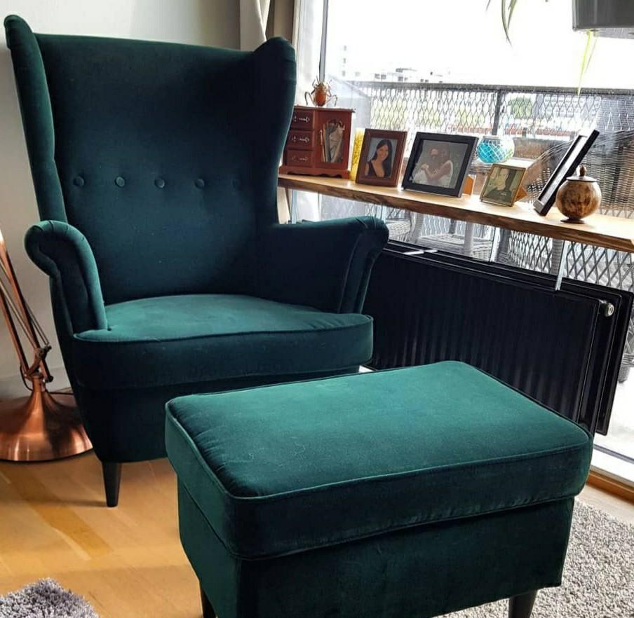 VELVET green Strandmon wing chair foot stool and 2 matching