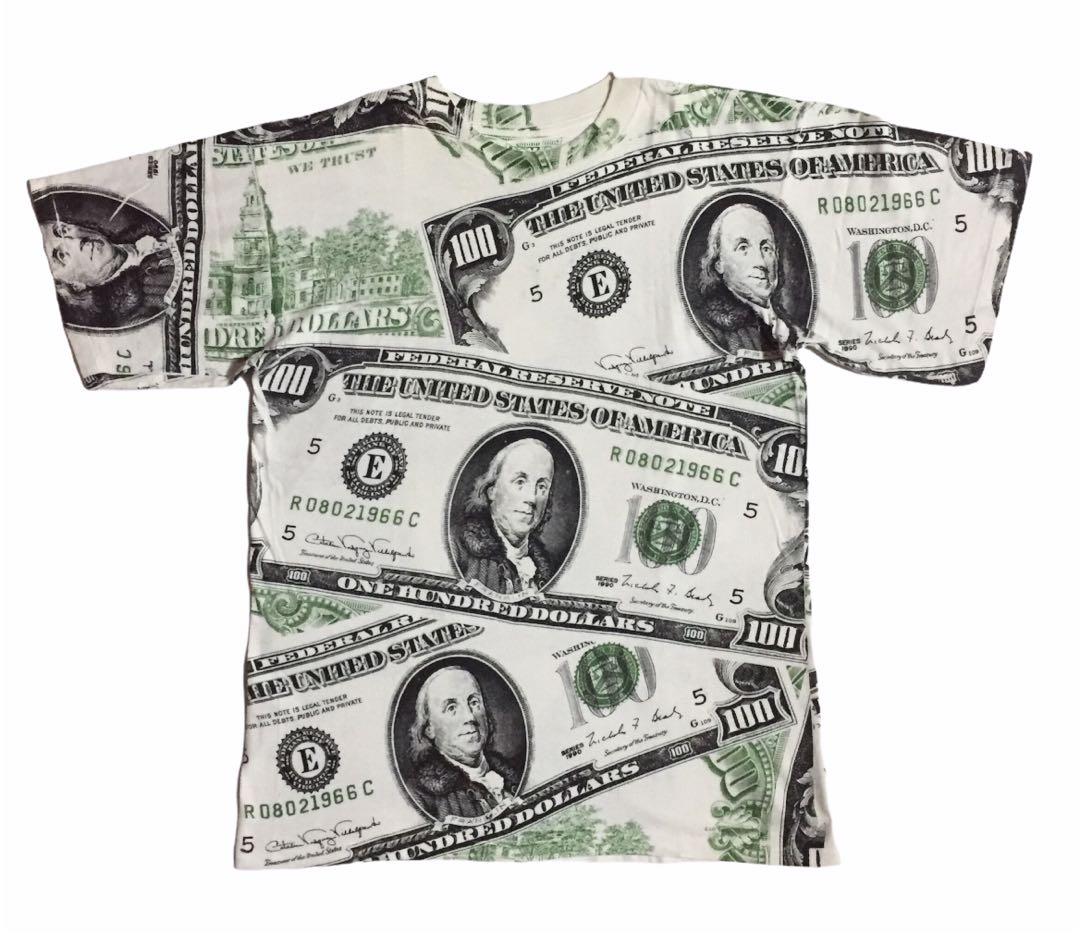 VINTAGE 90s BENJAMIN FRANKLIN DOLLAR ALL OVER PRINT USA VTG TSHIRT
