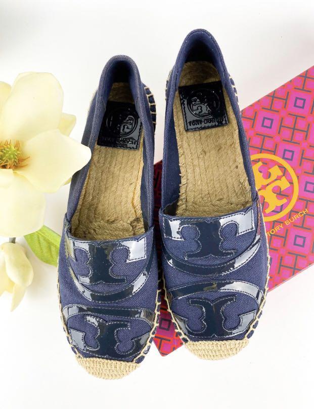 Brand New Tory Burch Poppy Flat Espadrille Canvas and Patent