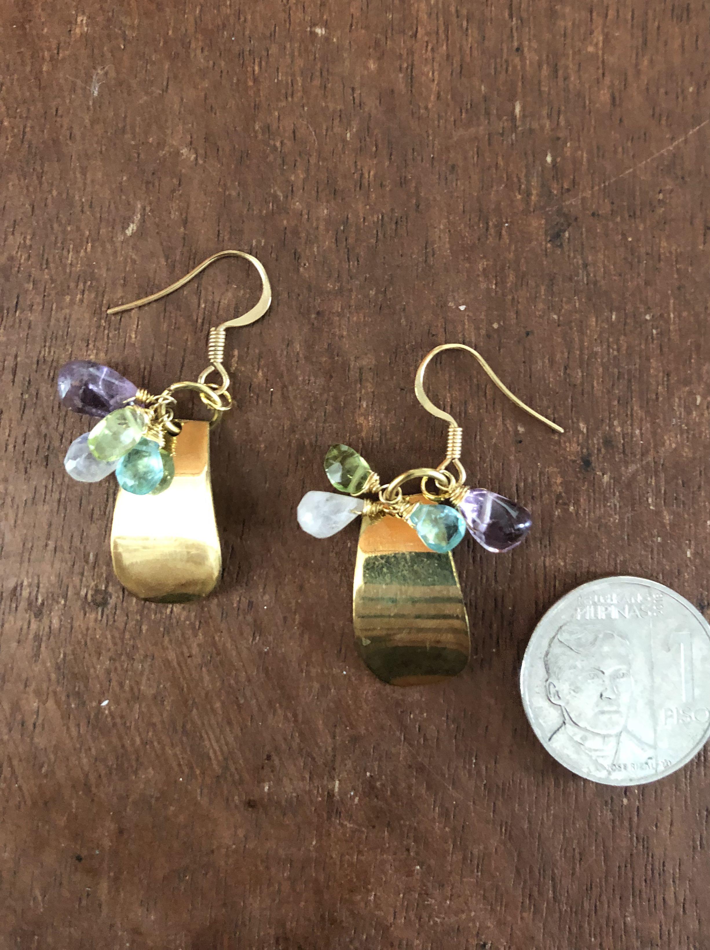 Brass Earrings with mixed Gemstones (Category: Earrings) located in Muntinlupa City. Submitted by declutter_with_me (Listing ID 1098752398, Image 3). Description: Polished Brass Earrings with mixed Gemstones ( Crystal Quartz, Peridot, Aquamarine and Amethyst ).