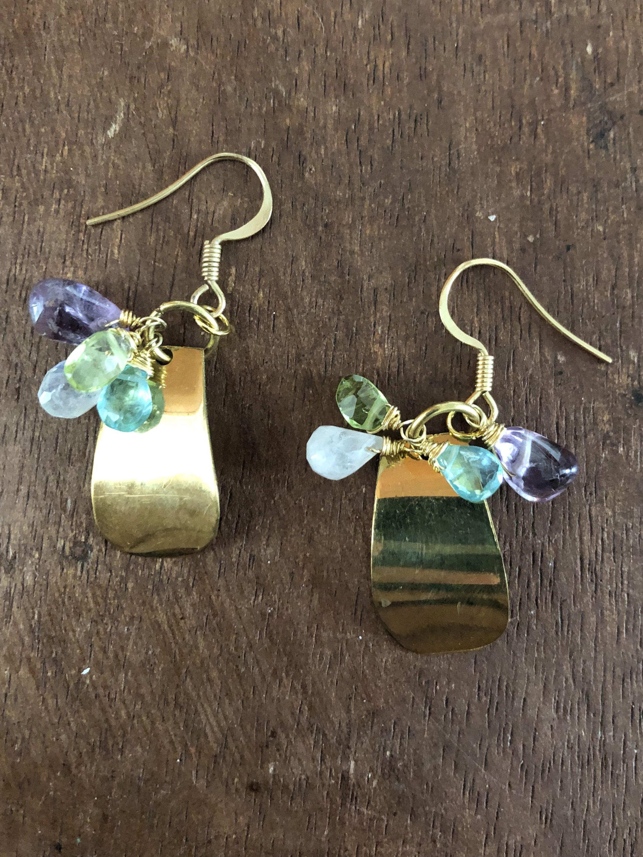 Brass Earrings with mixed Gemstones (Category: Earrings) located in Muntinlupa City. Submitted by declutter_with_me (Listing ID 1098752398, Image 2). Description: Polished Brass Earrings with mixed Gemstones ( Crystal Quartz, Peridot, Aquamarine and Amethyst ).
