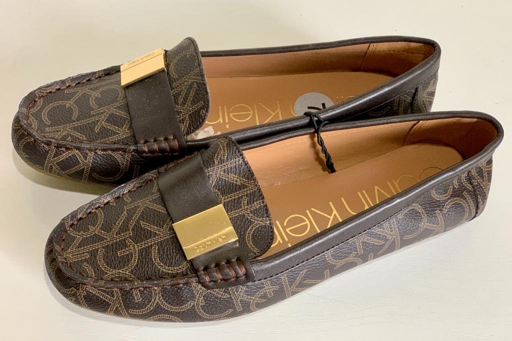 CALVIN KLEIN CK LISA SIGNATURE LOGO BROWN FLAT LOAFERS SANDALS SHOES 7 37  SALE, Women's Fashion, Footwear, Flats & Sandals on Carousell
