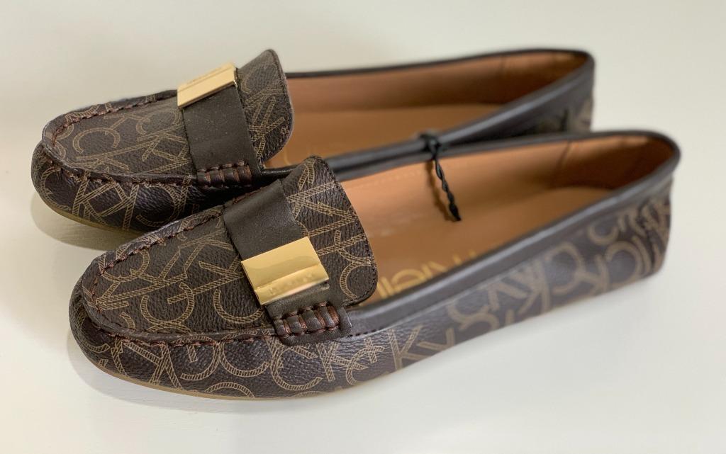 CALVIN KLEIN CK LISA SIGNATURE LOGO BROWN FLAT LOAFERS SANDALS SHOES 7 37  SALE, Women's Fashion, Footwear, Flats & Sandals on Carousell