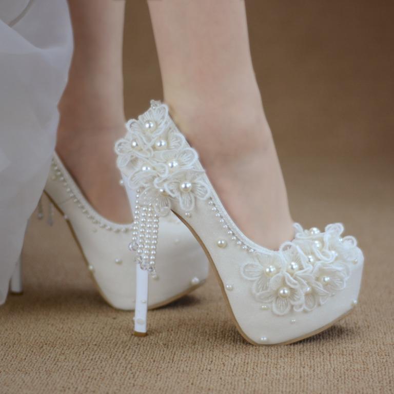 Pre Order bridal wedding white pearl beads party prom high heels shoe RBH0327