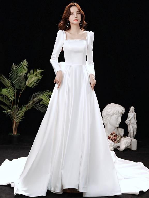 pre order white satin long sleeve fishtail wedding bridal dress gown RB2345