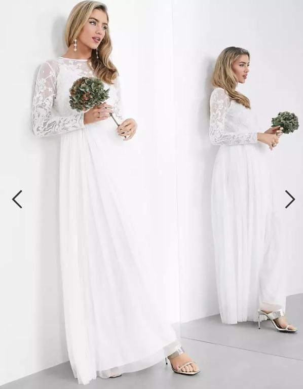 Asos edition long sleeve lace bodice maxi wedding dress with pleated skirt outlet
