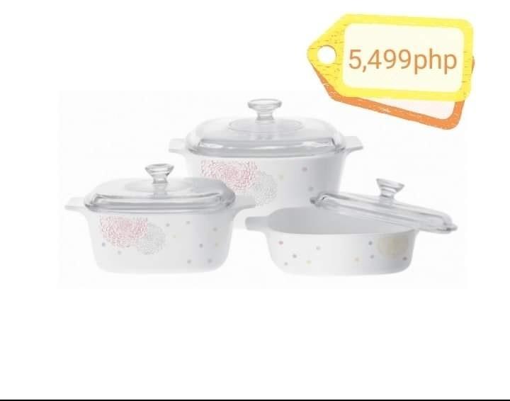 Corningware casserole set (Category: Dinnerware & Cutlery) located in Cebu City. Submitted by minginggay10 (Listing ID 1098956010, Image 1). Description: preorder will buy at singapore for more design click this link https://www.facebook.com/105351918411219/posts/126702792942798/.