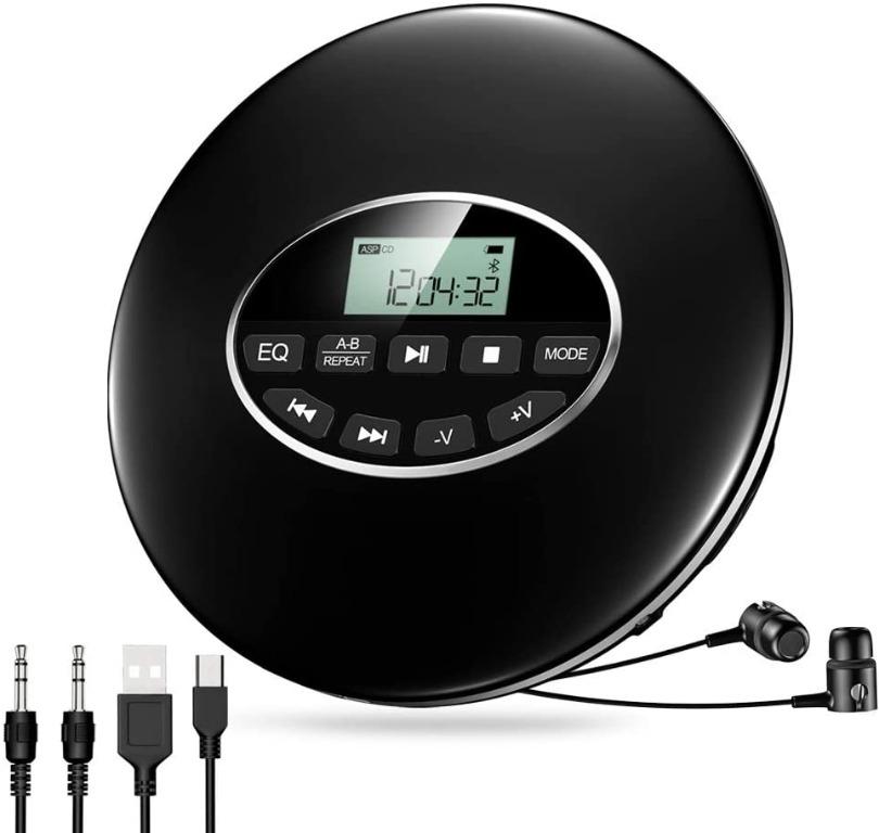 Gueray Bluetooth Cd Player Portable Walkman With Headphones Personal Cd Nplayer With Lcd Display Supports Tf Card Programmed Play With Aux Cable For Ncar Children Audio Books Black Audio Portable Music Players