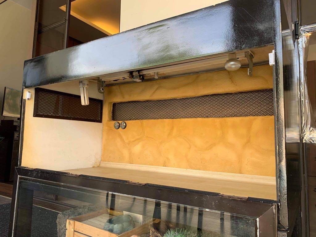 Reptile Enclosure (Category: Homes & Other Pet Accessories) located in Quezon City. Submitted by thethriftfinds (Listing ID 1098935094, Image 2). Description: REPTILE ENCLOSURE 4ft x 2ft x 2ft (LWH) Used for Bearded Dragons and Sulcata Tortoises. - Plywood made - w/ Styro cement desert background - w/ Linoleum flooring - w/ 2 Light sockets - w/ 1 t5 fixture - w/ 3 light switches - w/ Magnetic window-type door - w/ Hygrometers (both cool and warm 