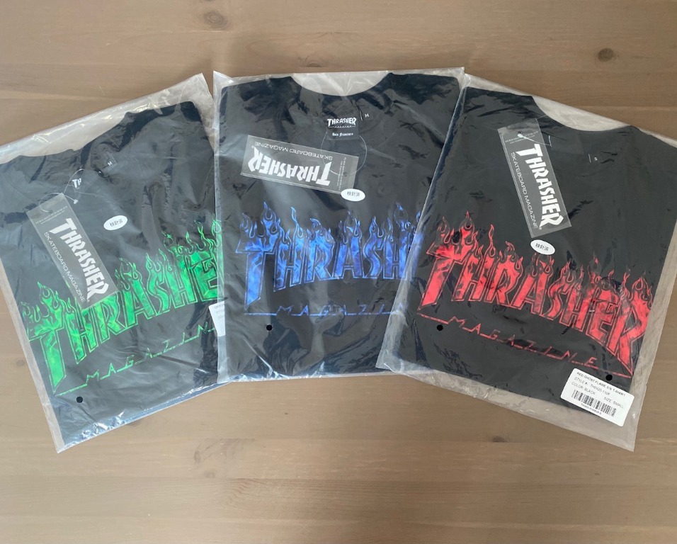 THRASHER GHOST FLAME T SHIRT BLACK WITH RED GREEN BLUE FLAMES S M