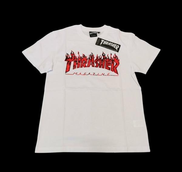 THRASHER GHOST FLAME T SHIRT WHITE W RED BLUE FLAME LOGO S M L AVAILABLE