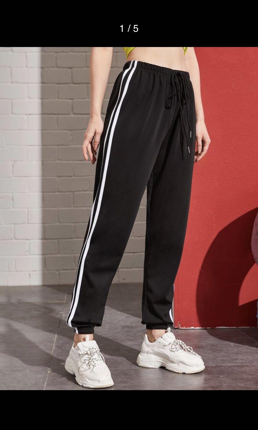 Black Jogger Pants Sweatpants with White Stripes Women s