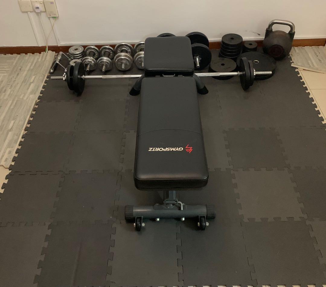 Full Home Gym Set incl. bench tiles 70kg weights Sports
