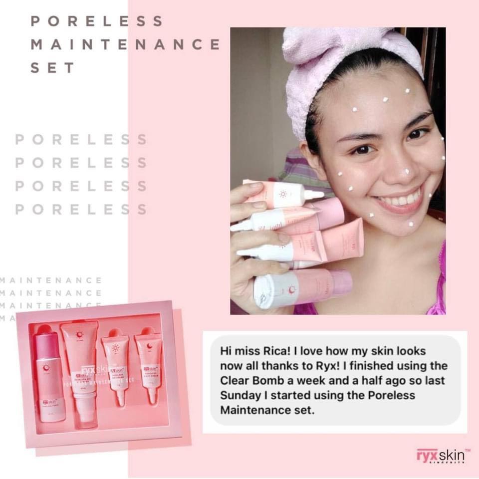 Ryx Poreless Maintenance Set (Category: Face Care) located in Mandaluyong City. Submitted by charlaloooo (Listing ID 1099166870, Image 3). Description: Poreless? Face more! ✨ Flex your bare face using just PMS! Get that pore-fect glass skin with Poreless Maintenance Set. Be effortlessly acne-free while this PMS whitens your face without any sting or micropeeling effect. ❤️ Wear your crown. Wear your confidence. Maintain your poreless face. You sl