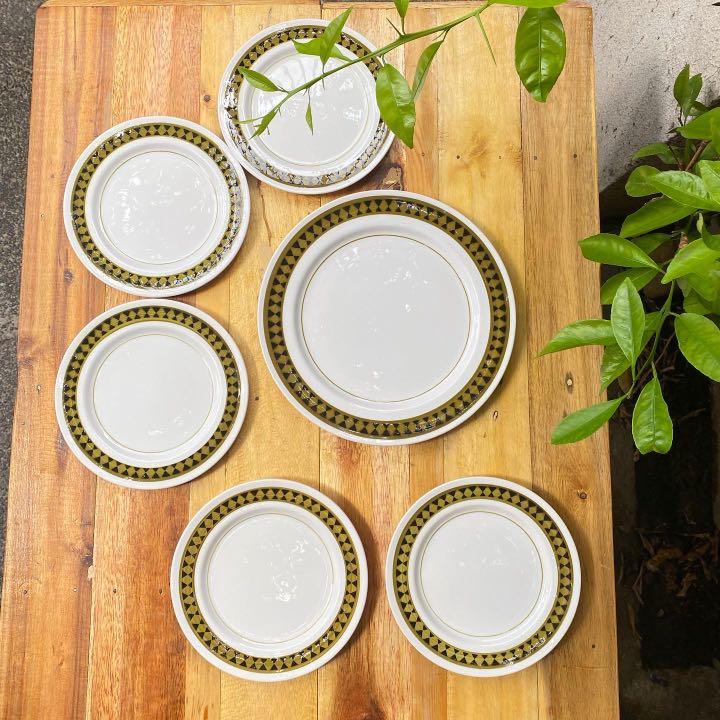 Vintage Mikasa dessert plates + serving plate set (Category: Dinnerware & Cutlery) located in Pasay City. Submitted by colazee (Listing ID 1099283167, Image 2). Description: In excellent vintage condition Vintage Mikasa Mediterrania Dominique with beautiful avocado green diamond borders ♦️ 1 dessert plate sells for $9 on ebay 👀 Dessert plates - 8” Diameter Serving plate - 10.5” Diameter.